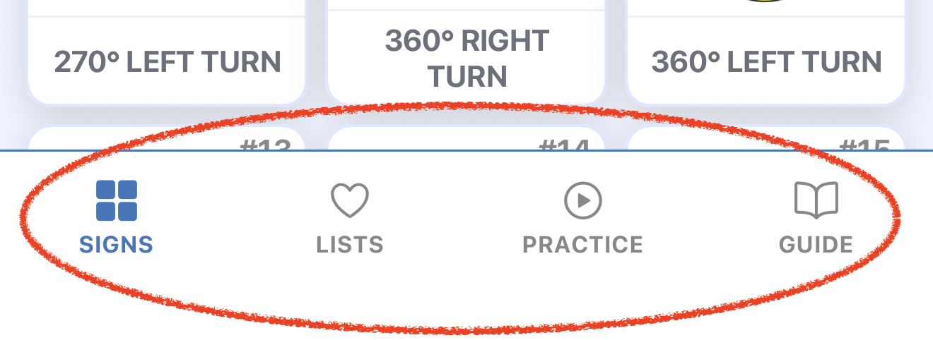 The four tabs, Signs, Lists, Practice, and Guide, along the bottom of the app screen