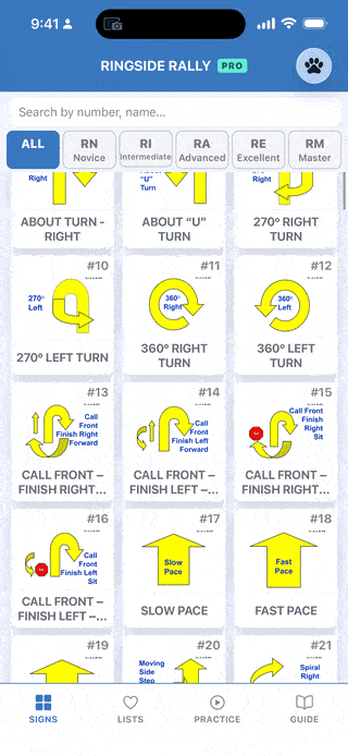 The Signs tab open to the full scrollable list of AKC Rally signs