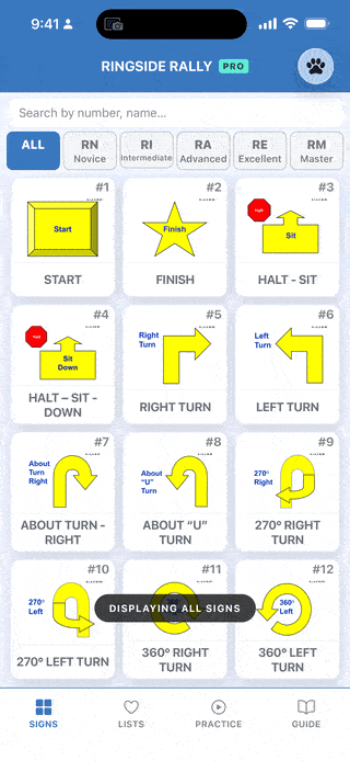 The search bar with a query typed and the sign list narrowed to matches